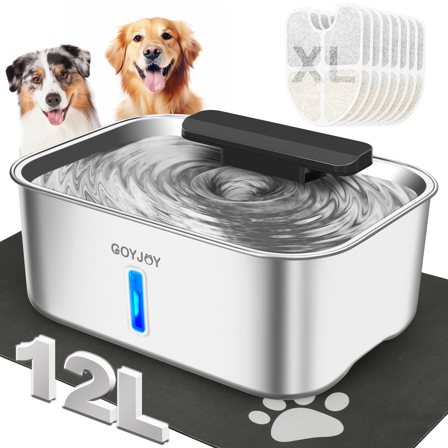 Dog Water Fountain for Large Dogs,3 Gallon Stainless Steel Dog Water Bowl Fountain,Large Pet Water Drinking Fountain with Deeper Drinking Area,Vortex Filtration Design with Fresher & Cleaner Water