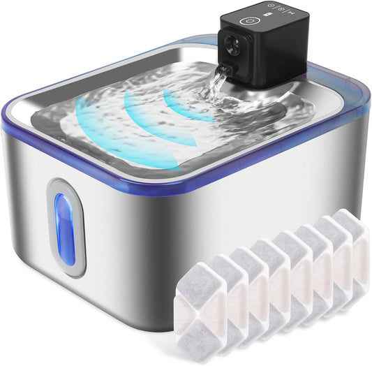Stainless Steel Wireless Cat Water Fountain,5L Cordless Cat Fountain Battery Operated,Cat Water Dispenser for Cats&Dogs,Super Quiet Pump,Multiple Filters