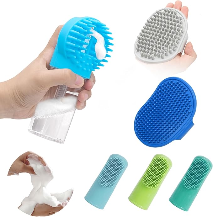 Pet grooming brush, comfortable and durable, comes with soap and shampoo dispenser, soft silicone massage bristles.