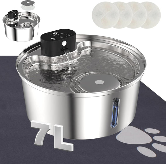 Stainless Steel Dog Water Fountain for Large Dog,Large Wireless Pet Water Fountain,Dog Water Bowl Fountain Super Quiet for Large Dogs Cats & Multi-Pet Home,100% Stainless Steel-Even The Filter Box