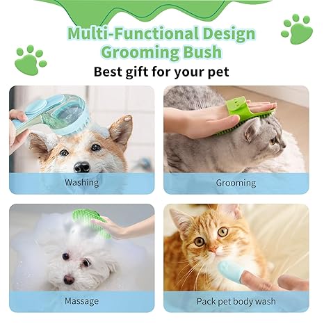 Pet grooming brush, comfortable and durable, comes with soap and shampoo dispenser, soft silicone massage bristles.