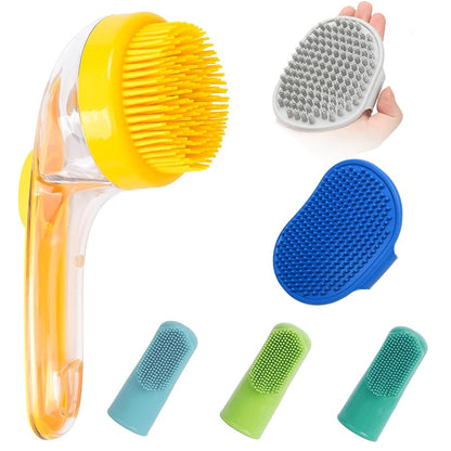 Pet grooming brush, comfortable and durable, comes with soap and shampoo dispenser, soft silicone massage bristles.